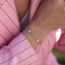 Zirkon Taşlı Mavi Mine İşli Göz Modeli Rose Gold Kaplama Gümüş Bileklik Gümüş
