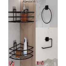 Siyah Yapışkanlı 2 Adet Banyo Köşeliği Halka Havluluk Ve Tuvalet Kağıtlık Seti 3'lü Set Siyah