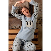 Uzun Kollu Polar Kışlık Kadın Pijama Takımı Mavi Pandalı