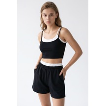Mixray 2151 Kadın Biye Detaylı Askılı Crop Top Şort Takım Siyah