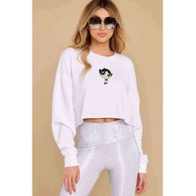 Powerpuff Girls Buttercup Baskılı Crop Kadın Beyaz Sweatshirt