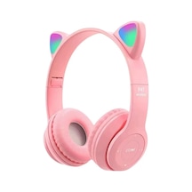 Kablosuz Bluetooth 5.0 Led Işıklı Kedili Şık Kulaklık Hediye Çocuk Oyuncu, Pembe