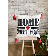 Swita Home Punch İşlemeli Tekli Dekoratif Home Sweet Home Kırlent Kılıfı Panç Kırmızı