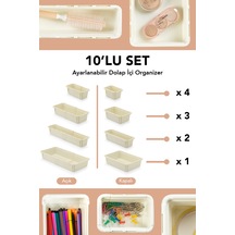10'lu Uzayan Dolap İçi Düzenleyici - Çok Amaçlı Banyo Mutfak Ofis Çekmece İçi Organizer Set Krem