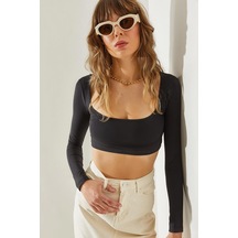 Shade Kadın Uzun Kol Kare Yaka Crop Bluz 60251250 - Füme