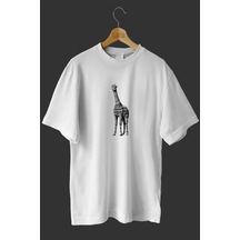Noıssey -wed Zürafa Tasarım Baskılı Oversize T-shirt Tişört Beyaz