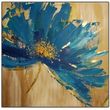 Altın Detaylı Mavi Çiçek Yoğun Yağlı Boya Tablo