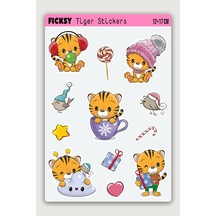 Sevimli Kaplan Yılbaşı Yeni Yıl Temalı Sticker Seti - 12 Adet Etiket Çıkartma Diğer