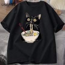 Flood Of Style Şehriye Ramen Kedi T-shirt Foodie Lover T Shirt Siyah Kedi Şehriye T-shirt Retro Rahat Kısa K