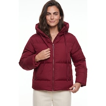 Onloox Kadın Koyu Bordo Koyu Bordo Pamuklu Likralı Esnek Kumaş Kapüşonlu Fermuarlı Elyaf Dolgulu Şişme Mont Hoodie