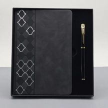 Lb Desenli Siyah Deri Defter Kalem Set