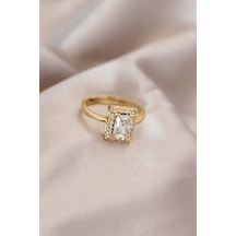 Ayarlamalı Gold Renk Metal Zirkon Ve Kristal Taşlı Dikdörtgen Model Yüzük - Çok Renkli