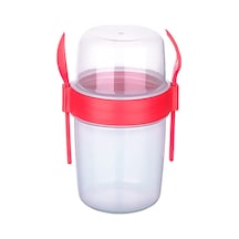 1100 Ml Çift Hazneli Çatal Kaşıklı Müsli Yulaf Diyet Atıştırmalık Yemek Taşıma Saklama Kabı - Kırmızı Çok Renkli