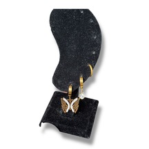 Üçlü Kelebek Sallantılı Taşlı Çelik Küpe Altın