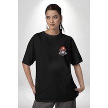 Kırmızı Şapkalı Gözlüklü Maymun Siyah Oversize Unisex Ön Sol Yan Minimal Baskılı Tişört Koyu Siyah
