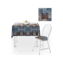 Patchwork Desenli Motifli Mavi Lacivert Runner Dijital Baskılı Petek Dokuma Masa Örtüsü 140x140