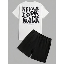 Never Look Back T-shirt Şort - Beyaz Siyah Alt Üst Takım Şort Tişört Kombin Baskılı Bisiklet Yaka Beyaz Siyah