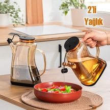 Porsima 3855-1 Şeffaf 2li 1lt Borosilikat Cam Zeytinyağ Şişesi - 2li Yağlık Ve Sirkelik Seti Siyah Siyah