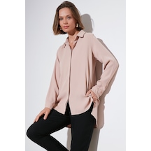 Lela Regular Fit Önü Kısa Arkası Uzun Düz Bayan Gömlek 611Go020 Vizon