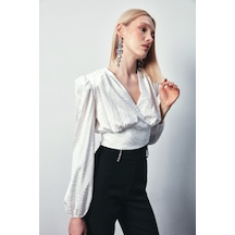 Sateen Desenli Kruvaze Saten Bluz - Ekru-134488 Ekru