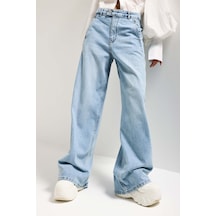 Itsbasic Kadın Ice 4s6-3 Barrel Yüksek Bel Fit Süper Bol Kesim Kemer Detaylı Tasarım Denim Jean Buz Mavi