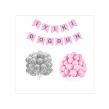 Pembe - Gümüş Mını Balon+Banner Seti