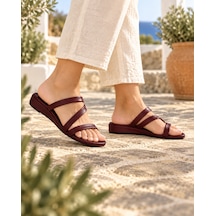 Yeo Leather Hakiki Deri Kadın 3 Bant Sandalet 3cm Alçak Dolgu Topuk - Zamansız Tasarım Bordo
