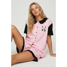 Siyah İnci Yaka Detaylı Baskılı Düğmeli Pamuklu Örme Şortlu Pijama Takımı 8009 Pembe