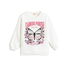 Koton Kelebek Baskılı Simli Sweatshirt Uzun Kollu Bisiklet Yaka Şardonlu Ekru 3skg10265ak