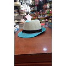 Çocuk Fötr Şapka Unisex Model Renkli Yazlık Paper İplik 52 Cm Mavi