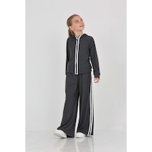 Toontoy Kids Toontoy Kız Çocuk 2'li Takım Kapüşonlu Fermuarlı Reglan Kol Sweatshirt & Beli Lastikli Bol Paça Eşofman Altı - Şerit Detaylı & Fitilli Füme