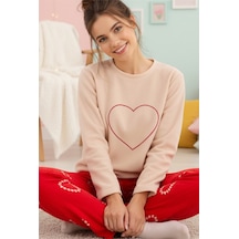 Siyah İnci Fitilli Polar Kışlık Örme Pijama Takım 25222049 Somon-kırmızı