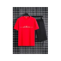 Medinenur El Yazı Detaylı Baskılı T-shirt Short Bol Paça Rahat Kalıp Siyah Alt Siyah Üst Short Takım Kırmızı