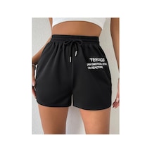 Tarzsokak Drawstring Waist Slogan Graphic Track Şort Siyah