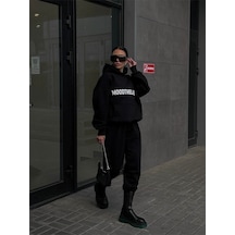 Mood The Label Kışlık Eşofman Takımı - Siyah Baskılı Kapüşonlu Oversize Şardonlu Siyah