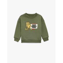 Koton Looney Tunes Baskılı Pamuklu Şardonlu Bisiklet Yaka Uzun Kollu Lisanslı Sweatshirt Haki 7wmb10128tk