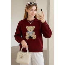 Fashion Friends Bisiklet Yaka Nakışlı Bordo Kadın Kazak 25k0314k1