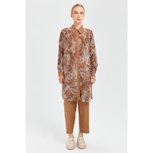 Desenli File Kumaş Tunik Pantolon Takım Camel Kahverengi