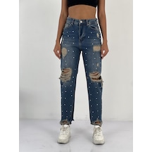 Miss Poem Kadın Taş Detaylı Lacivert Denim Kot Pantolon Lacivert
