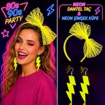 Neon Sarı Dantel Taç Ve Şimşek Küpe 8039ler 9039lar Parti Seti +3