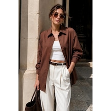 Bb Butik Basic Kadın Oversize Poplin Gömlek Uzun Kollu Basic Gömlek Tr0735 kahverengi