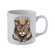 Kral Taçlı Kedi Baskılı Beyaz Kupa Bardak - Seramik Çay, Kahve Hediyelik Bardağı