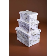 Style Box Marble Desenli 3 Parça Dekoratif Saklama Kutusu Seti Bej Çok Renkli