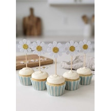 Papatya Beyaz Renk Simli Cupcake Kürdanı Doğum Günü Parti Ve Pasta Süsü 10lu 5 Cm