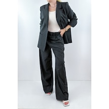 Modaonna Füme Beyaz Çizgili Oversize Ceket Pantolon Takım Füme