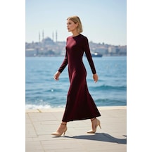 Benerly Kadın Maxi Elbise A Kesim Bisiklet Yaka Uzun Standart Kol Örme Dö Bordo