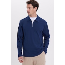 Tudors Erkek Relax Fit Rahat Kesim %100 Pamuk Yarım Fermuarlı Polo Yaka İnterlok Lacivert Sweatshirt-42169 Lacivert