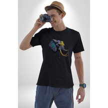 Renkli Fil Kafası Unisex Unisex Siyah Organik Baskılı T-shirt Penye Yüksek Kalite Siyah