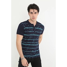 Barlashive Erkek Polo Yaka Tişört Slim Fit Pike Çizgili Kısa Kol T-shirt - Lacivert Çok Renkli
