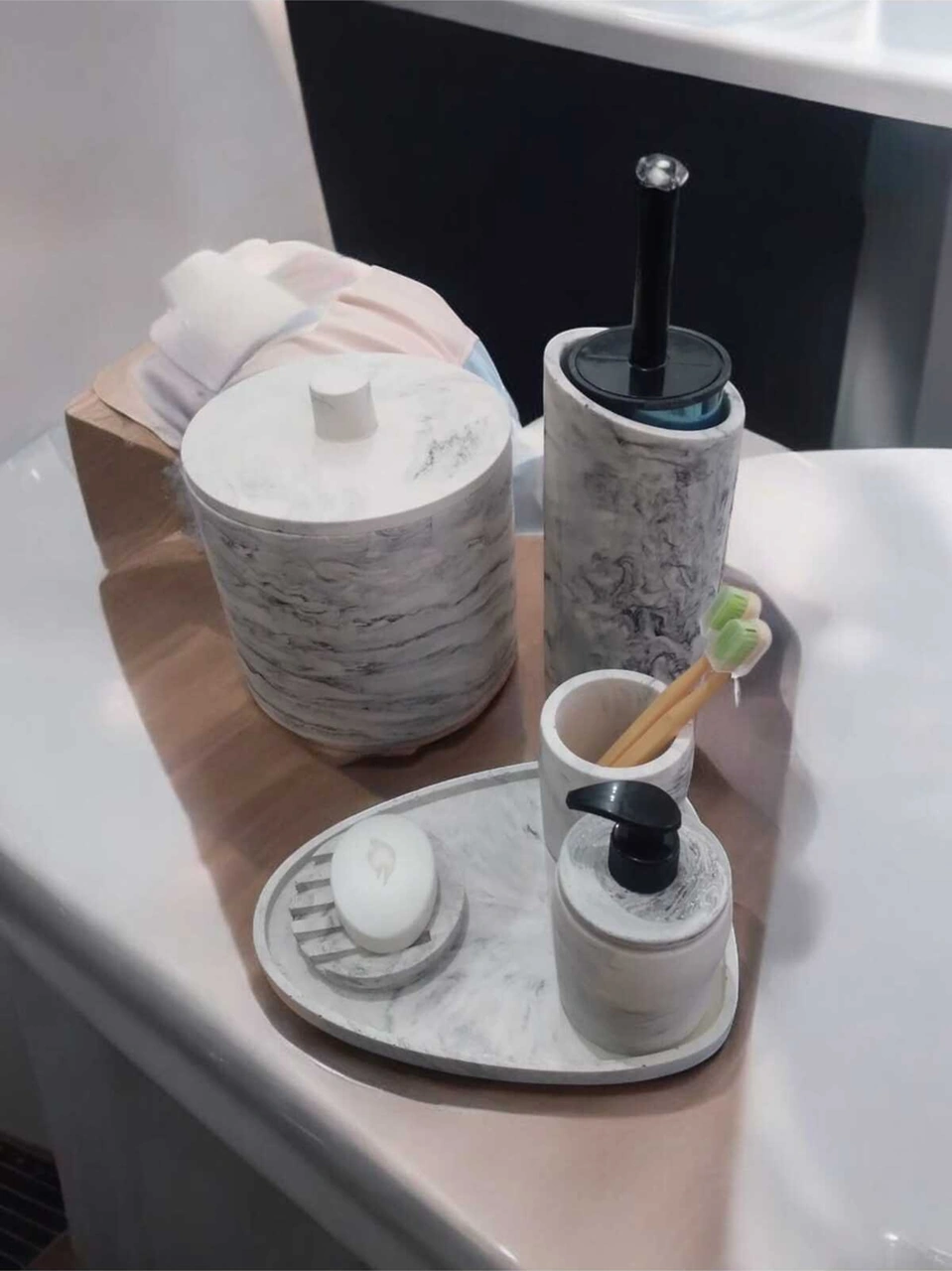 Mermer Desen Tam Beton Banyo Seti,tuvalet Fırçası,çöp Kovası,katı,sıvı Sabunluk,tepsi Gri
